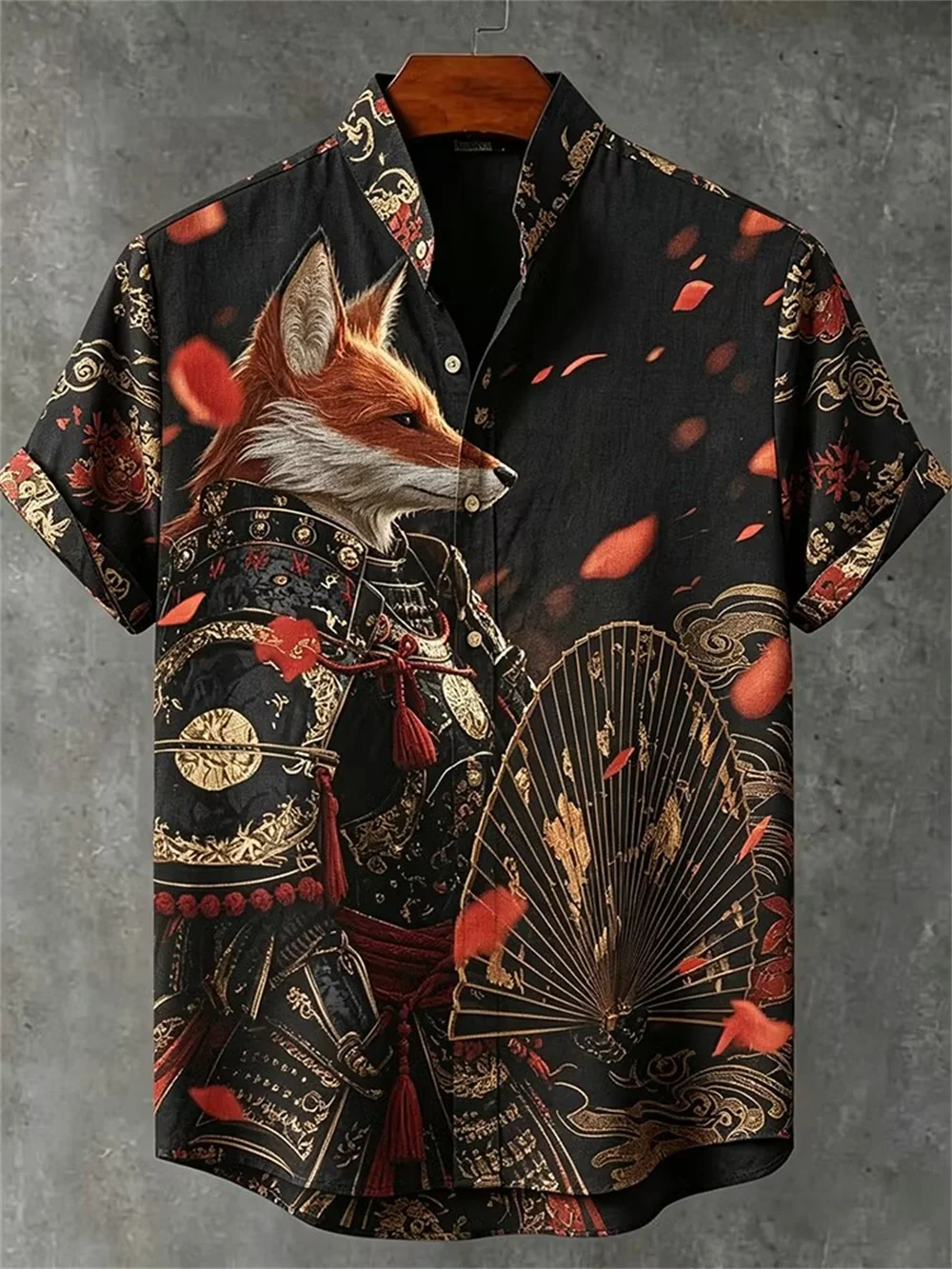 Men's Stand Up Collar Linen Short Sleeved Shirt with Samurai Fox Print Casual Summer Vacation Street Button Plus Size Top