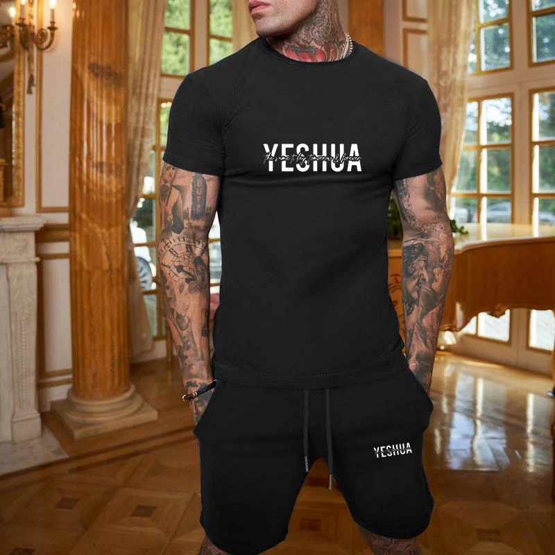 

2025 Fashionable and casual summer outdoor sports suit men's breathable T-shirt shorts casual and fashionable two-piece set
