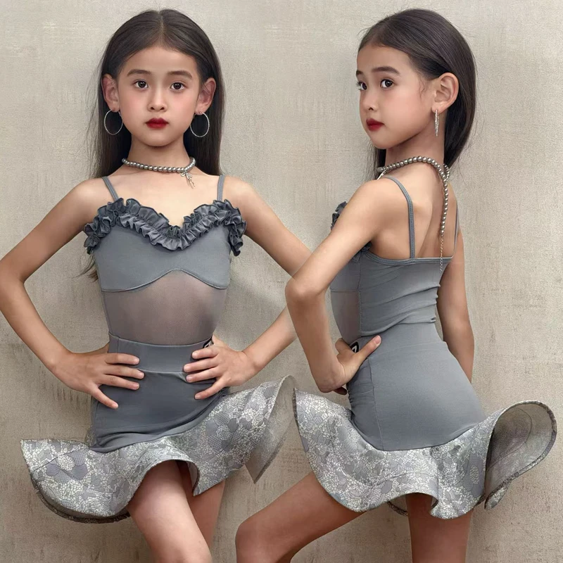 

New girls' performance practice clothing, mesh Latin dance costume, practice and performance costume, girls' cha-cha rumba