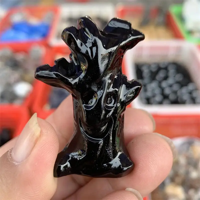 Natural Black Obsidian Tree Monster Carving Handmade Polished Powerful Statue For Home Decoration Lucky Gift 1PCS