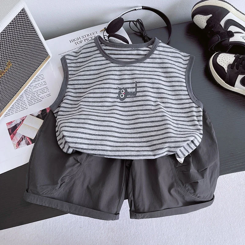 

Boys Sleeveless Suit Children Striped Top+Thin Shorts 2Pc Outfits Kids Daily Loose Cat Print Clothing Set 1-5 Years