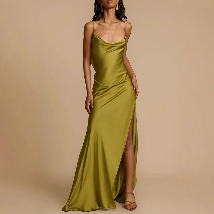 Summer Casual Dresses Elegant Ladies Green Sexy Deep Backless Women Slim Party Dress Sleeveless Vintage Solid Maxi Dress Vestido