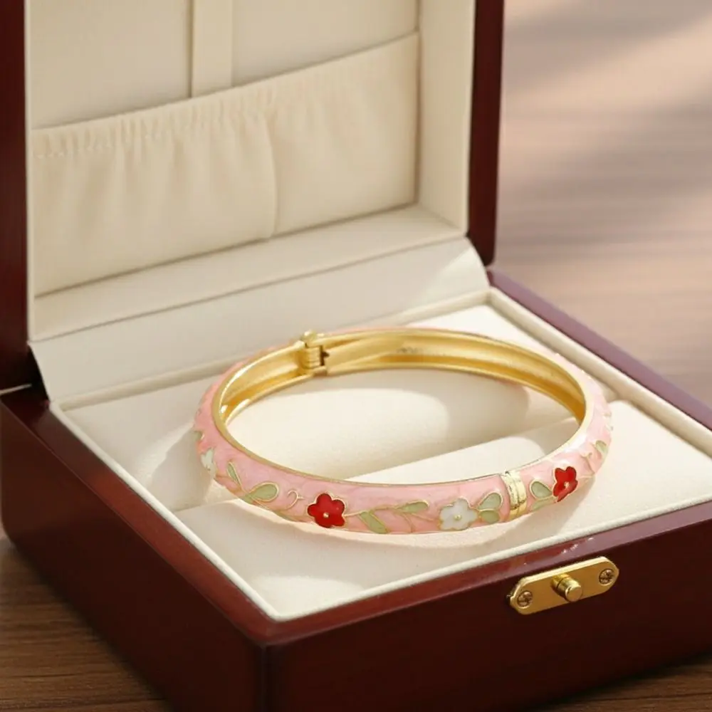 Zinc Alloy Cloisonne Bracelet Flower Pattern Rustic Style Blossom Enamel Bracelet Vintage Drip Oil Process Women Bangle Student