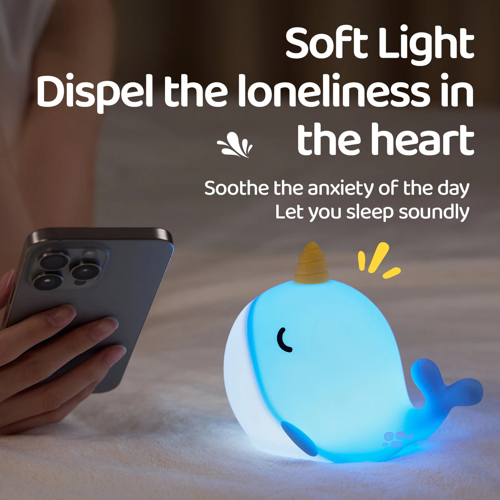 سيليكون Narwhal ضوء الليل آمن ومهدئ التحكم باللمس النوم أضواء الليل سطوع قابل للتعديل بجانب المصباح لعيد الميلاد #2