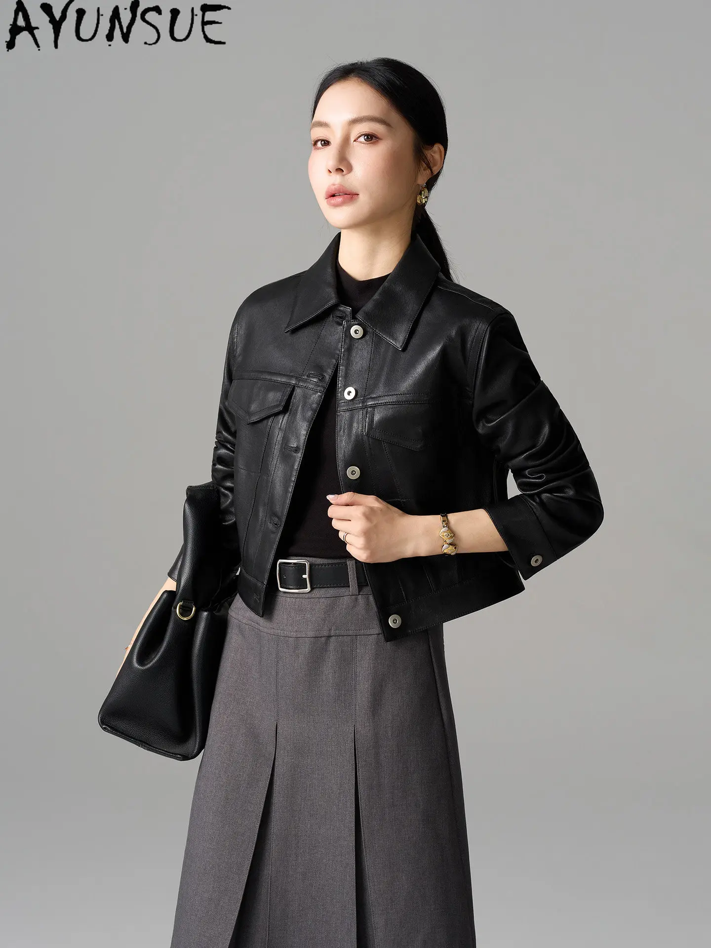 AYUNSUE Real Leather Jacket Women Black Motorcycle Coat Natural Sheepskin Womens Coats Autumn Clothes Short 2026 Casaco Feminino