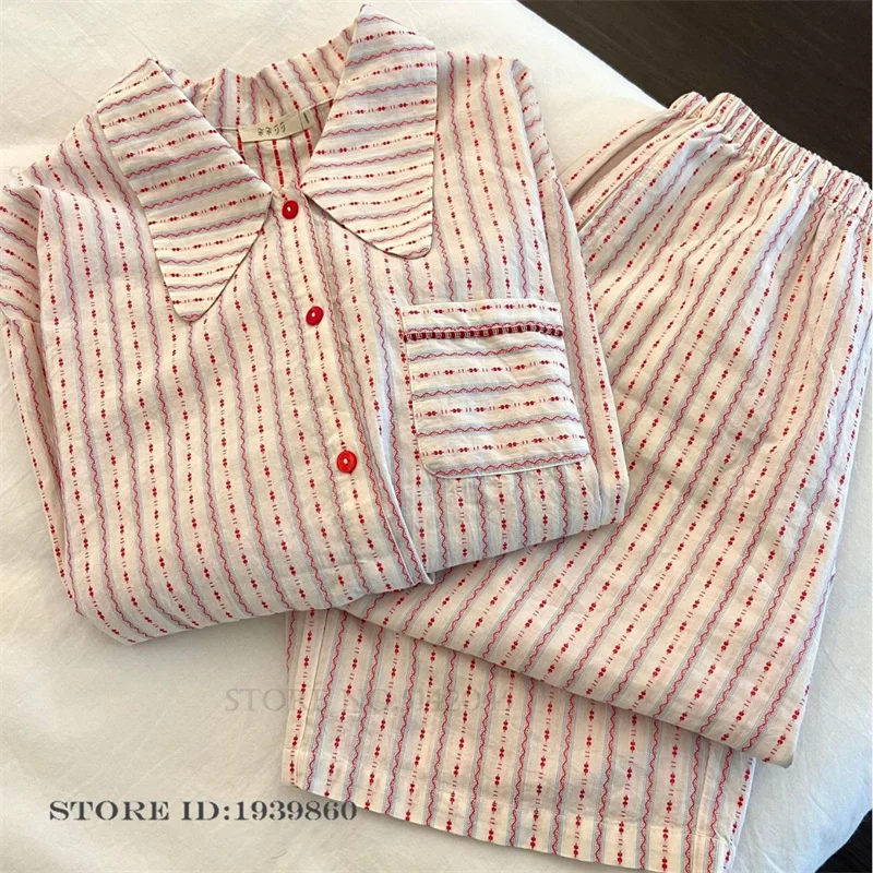 

Female 2Pcs Pajamas Set Spring New Cotton Sleepwear Long Sleeve Trouser Suit Homewear Sweet Pink Striped Doll Collar Pijamas