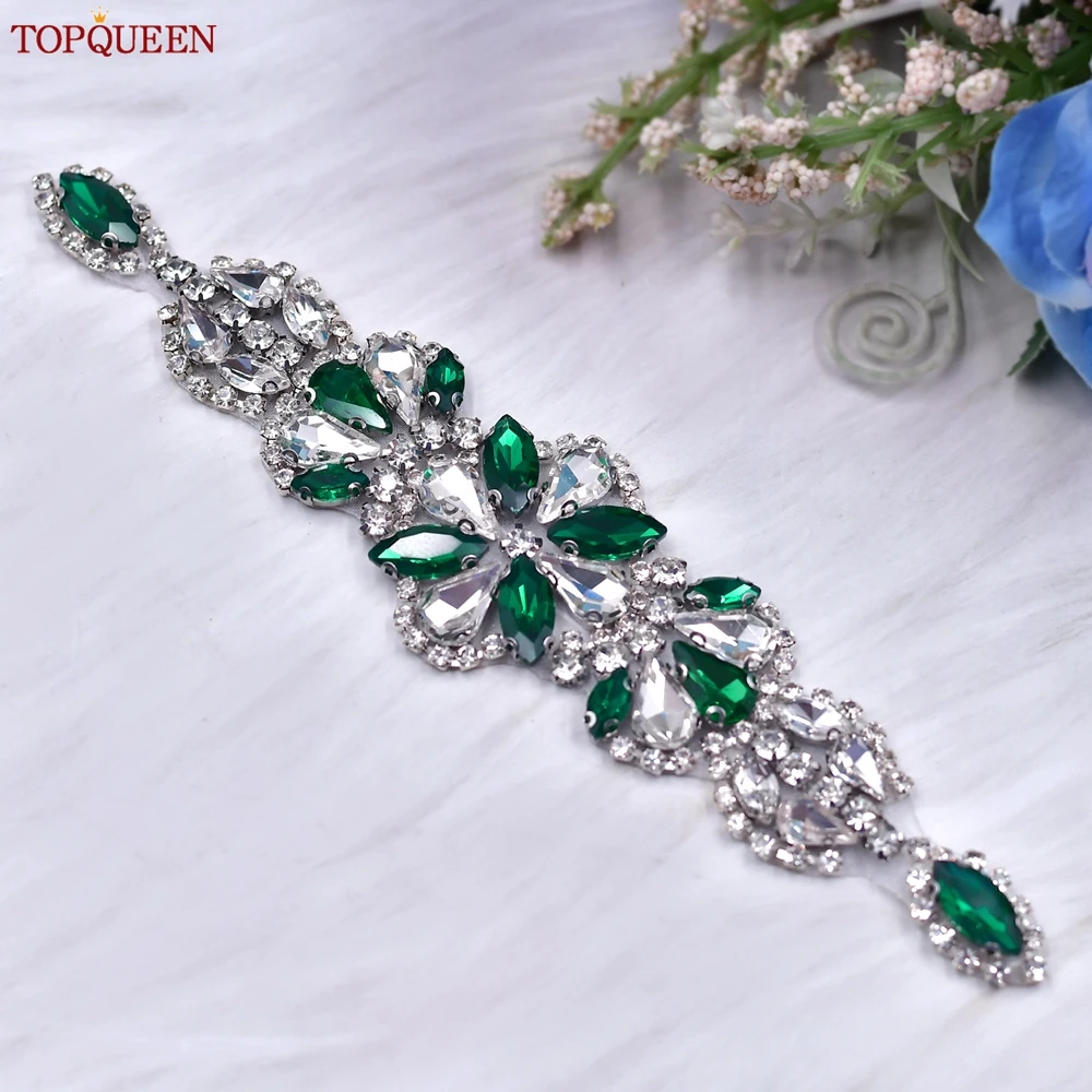 TOPQUEEN-Cintos De Strass Verde Para Mulheres, Acessórios De Festa, Baile, Vestido De Noiva, Strass, Bride Sash, Bridesmaid Gift, S464-KL