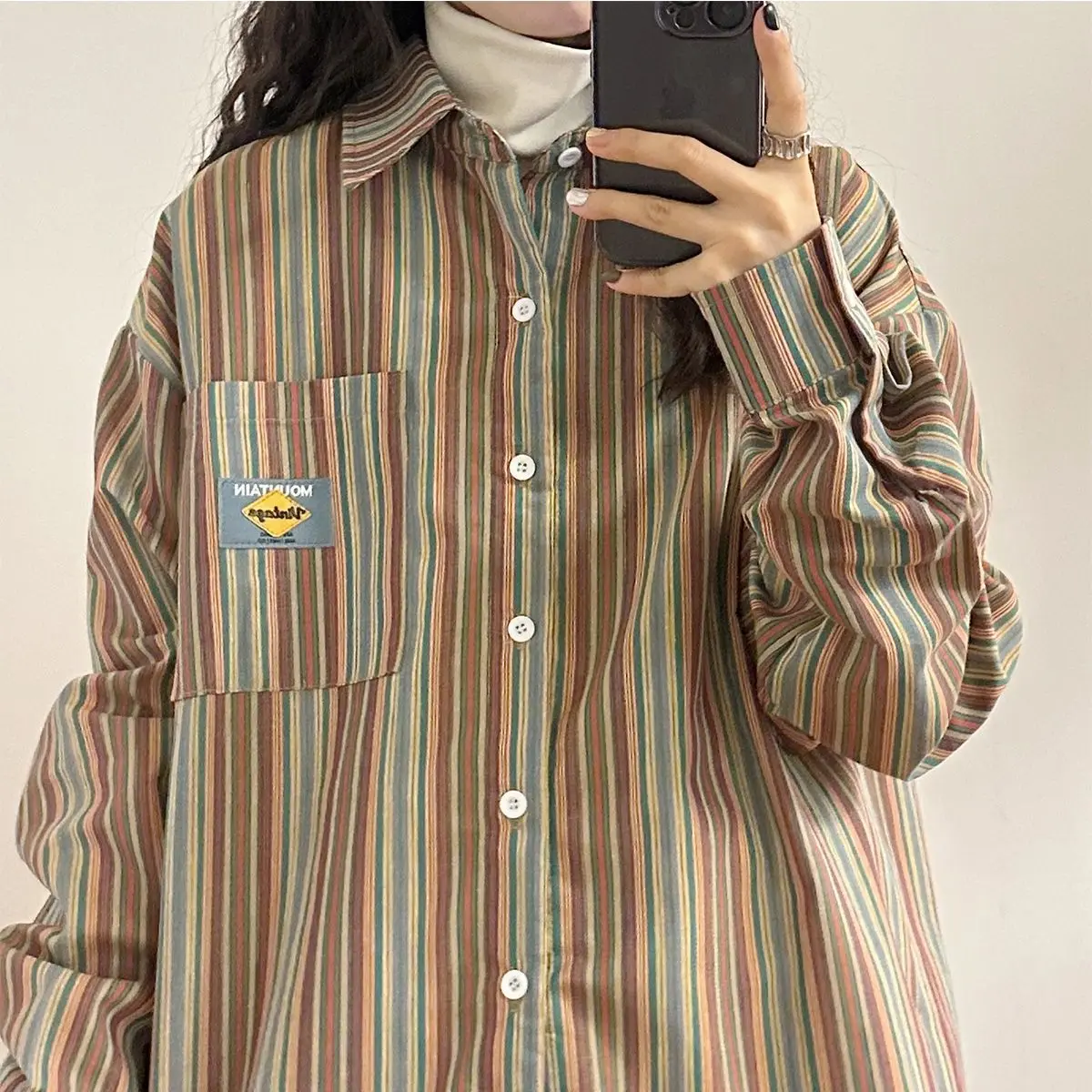 American Retro Striped Long-Sleeved Shirt Women Summer New Contrasting Color Niche Design Casual Versatile Loose Lazy Style Jack