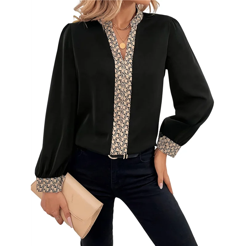 ABP-Damesblouse met lange mouwen V-hals Tops Werk Business Casual shirts