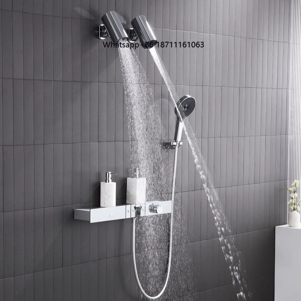 Solid Brass Chrome Brushed Thermostatic Digital Display Concealed Pre-embedded Shower Set 4-Function Pressurized Soft Jet