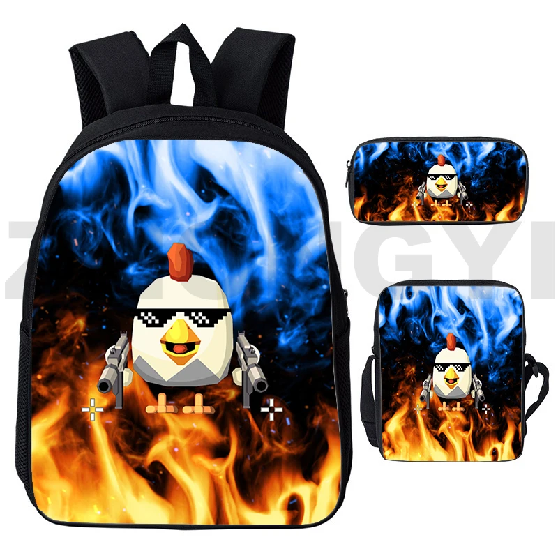 3D Fashion Chicken Gun Backpack Men Anime Crossbody Bag 3 Pcs/Set Boys Girls Canvas Cartoon Chicken Gun Schoolbags Pencil Case