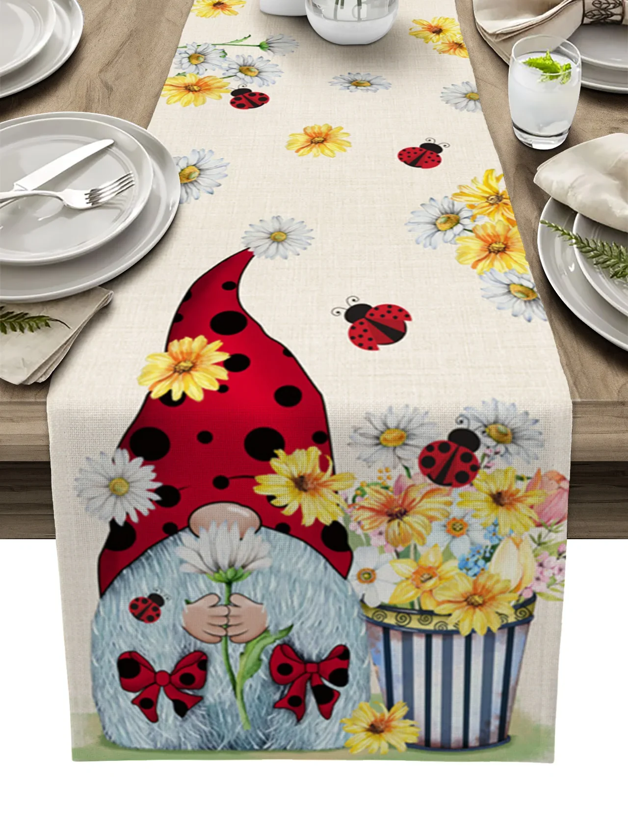 Spring Daisies Ladybug Table Runner Wedding Holiday Party Dining Table Cover Cloth Placemat Napkin Home Kitchen Decoration