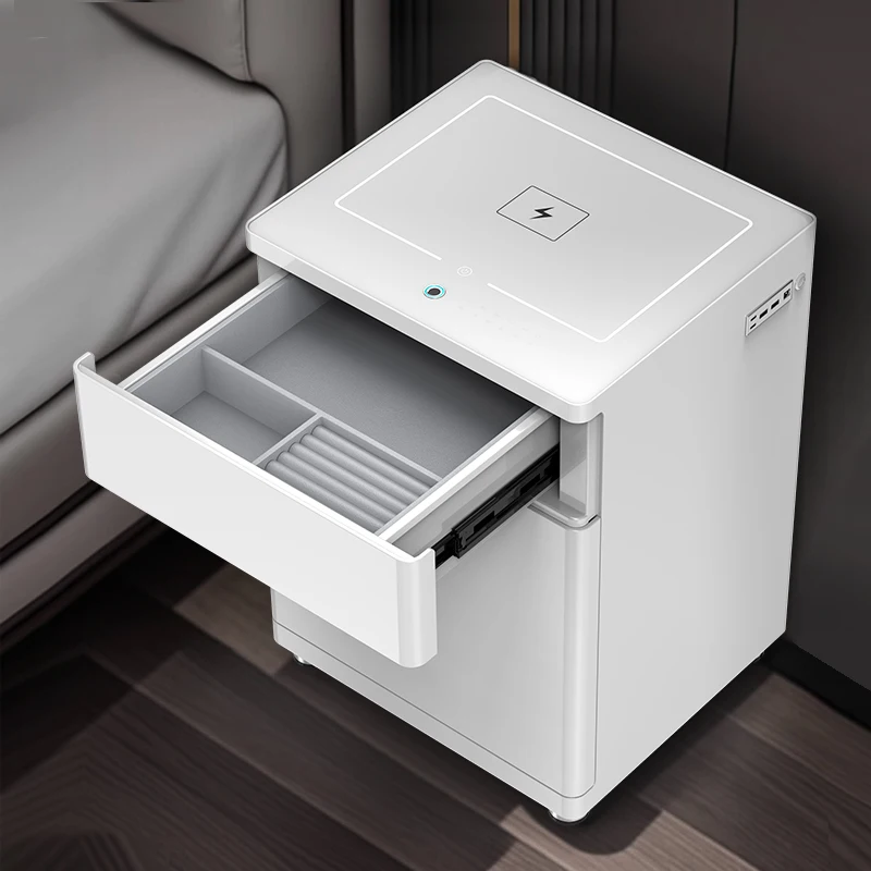 

Smart Bedside Table High Quality LED Wood Nightstand Fingerprint Lock Hidden Safe Wireless Charging Storage Drawer for Hotel