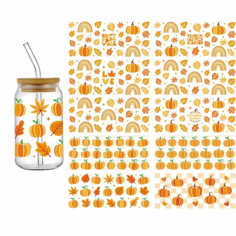 

3D UV DTF Pumpkin Season Design Wraps Cup Transfer Sticker Cartoon Retro Fallen Leaves Series Decals DIY Thanksgiving