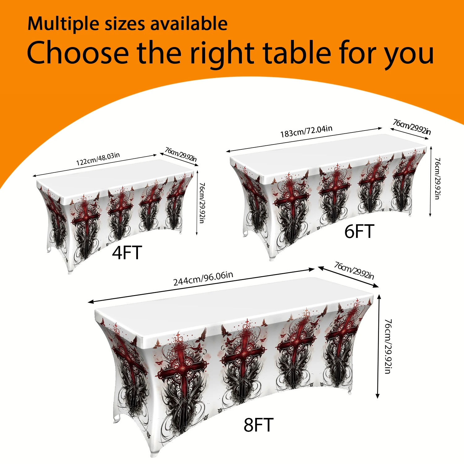 1PC Gothic Cross & Blood Splatter Printed Elastic Tablecloth, 4/6/8FT Summer Outdoor Stretchable Table Cover,