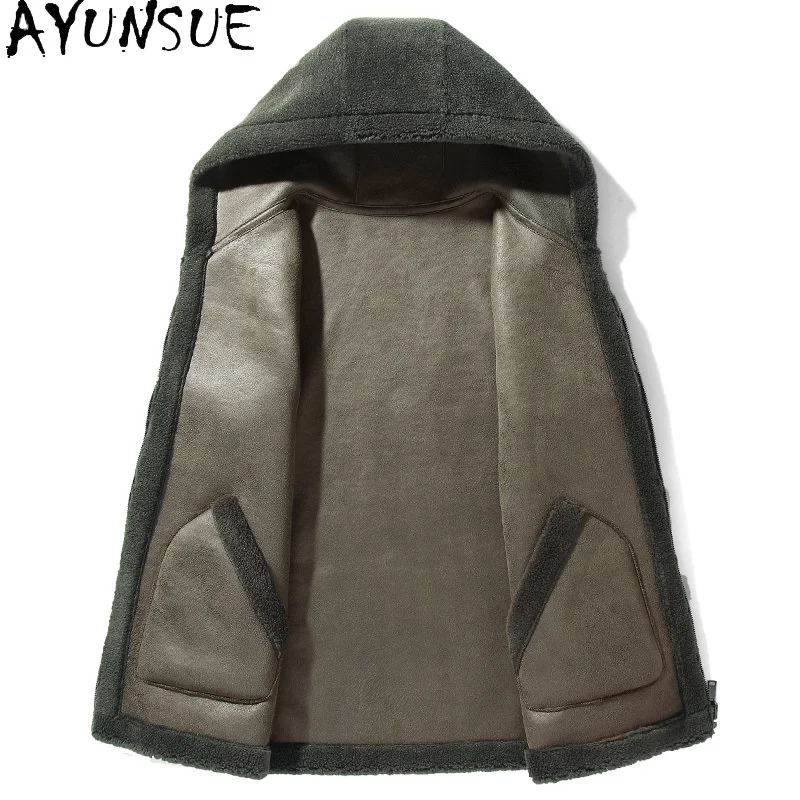 AYUNSUE High Quality 100%Wool Coats for Men Winter Mid-length Reversible Lamb Wool Jacket Hooded Sheep Shearing Coat Man Clothes