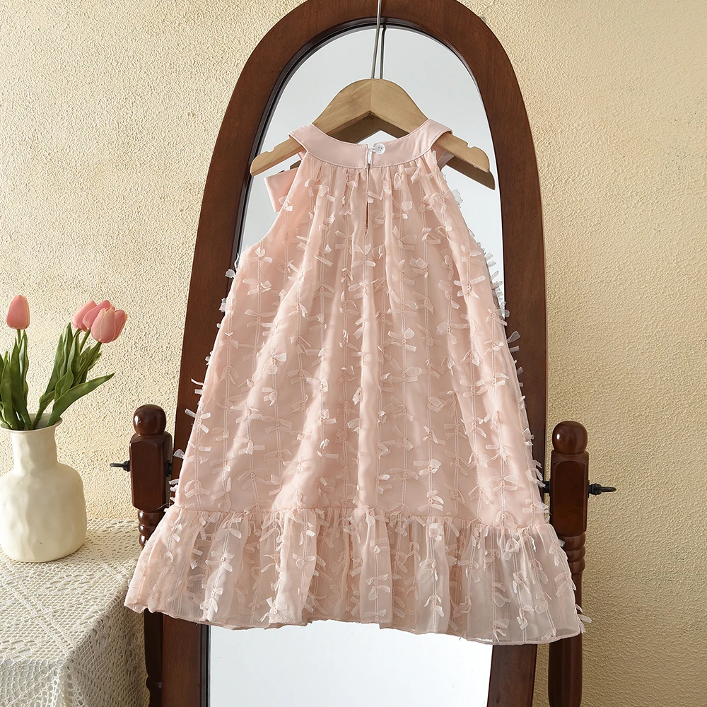 2026 Summer 3-7 Year Old Girl Clothes Korean Version Pink Princess Hanging Neck Bow Dress Cute Lace Birthday Party Wearing