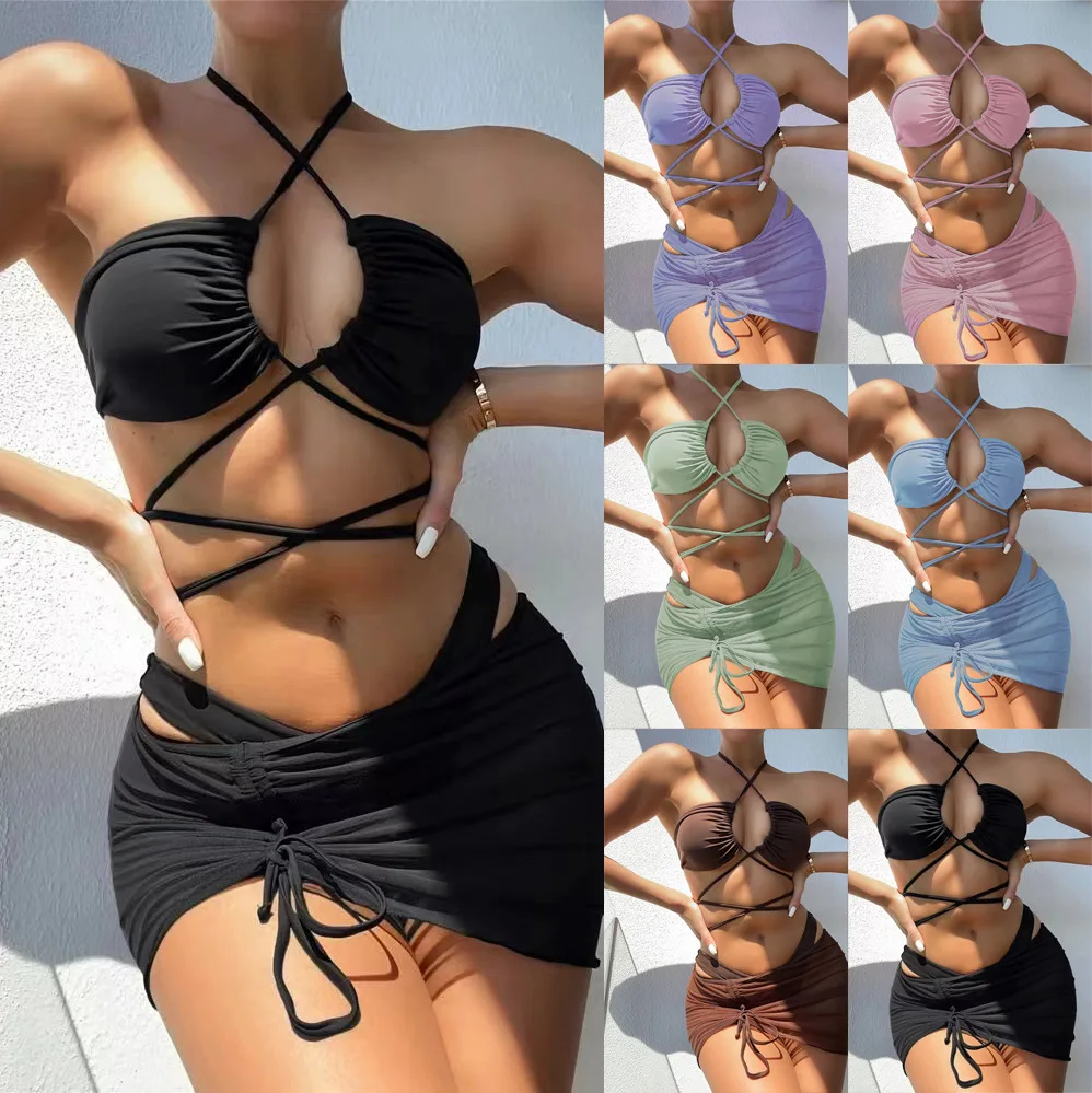

Bathing Suit Women European And American Sexy Lace-up Three-piece Bikini Solid Color Multi-color Swimsuit Women's Sports