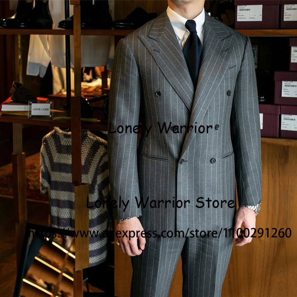 

Dark Grey Striped Suits Men Business Blazer Double Breasted Wedding Groom Tuxedo Slim Fit 2 Piece Set Jacket Pants Costume Homme