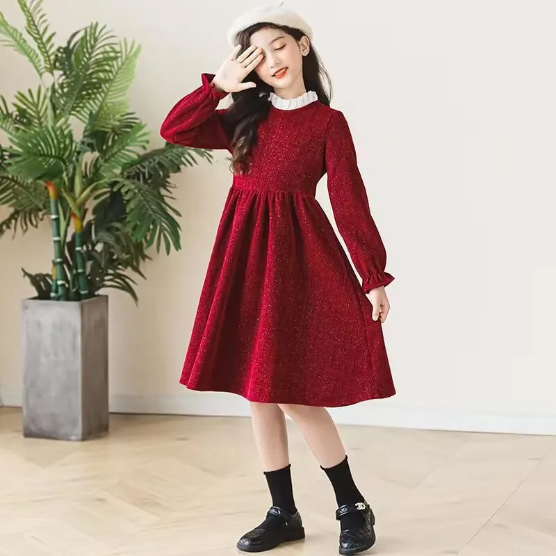 2023 autumn winter Kids Girls solid wine red Princess Teens New Year Dresses Clothes pattern pleated skirt mesh lace collar 4 12