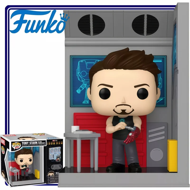 

Funko Pop Marvel Iron Man Tony Stark Workshop Scene 3D Vinyl Figure Premium Desktop Ornament Gift for Avengers Fans Home Decor