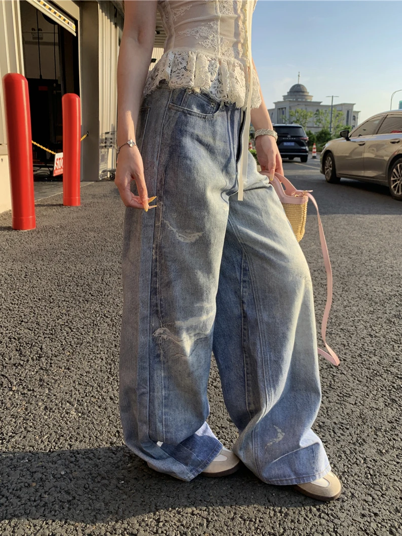 

High Waist Wide Leg American Washed Denim Jeans Women Summer Loose Floor Length Straight Cut Trousers Vintage Style Blue