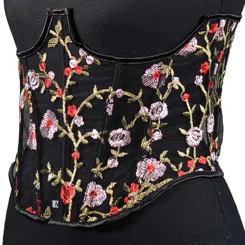 Embroidery Floral Corset Waist Trainer Mesh Transperant Underbust Bustier Top Curve Shaper Strap Slimming Cincher Girdle Korse