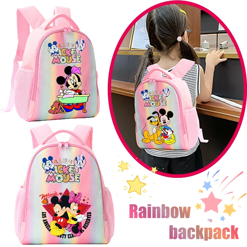 

Mickey Mouse Children Anime Minnie Colorful Backpack Student Cartoon Rainbow Printed Backpack Leisure Back To School Season Gift