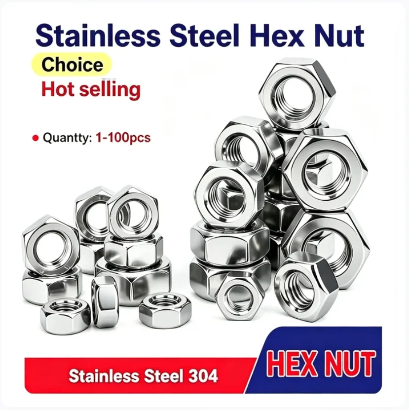 Metric Hex Nuts 304 Stainless Steel M1 M1.2 M1.4 M1.5 M2 M2.5 M3 M4 M5 M6 M8 M10 M12 M14 M16‑M64 Assorted Fastener Nuts 1‑100Pcs
