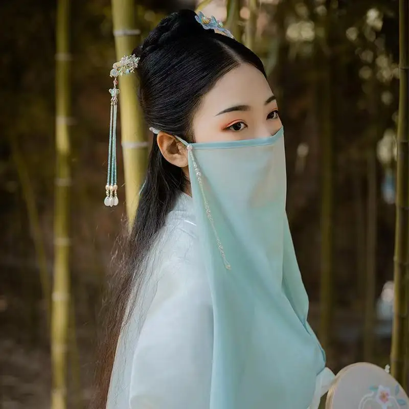Embroidered Face Veil with Hand Stitched Pearl Ancient Chinese Hanfu Accessory Sunscreen Face Covering Scarf WomenSummer Outdoor