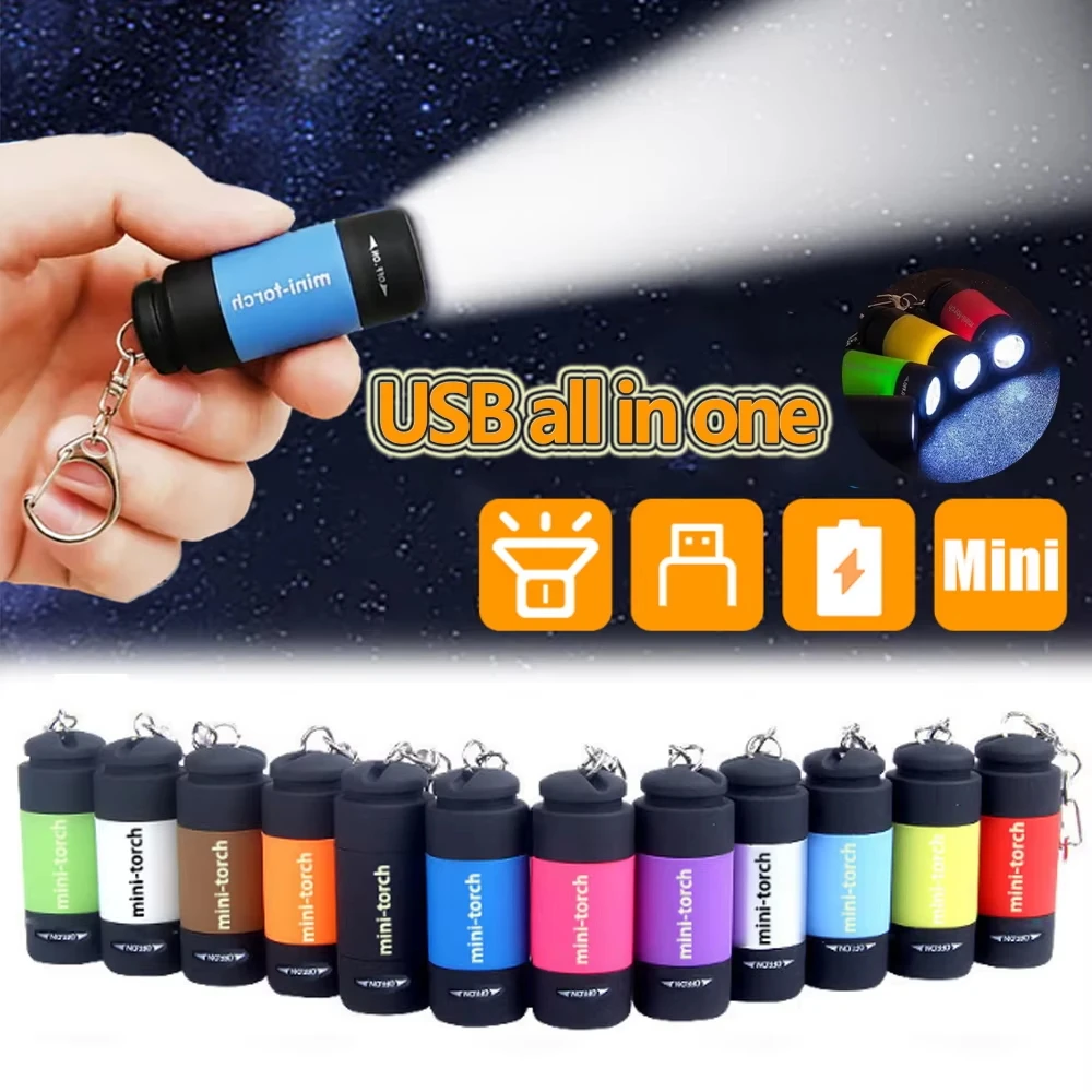 USB Charge LED Flashlight Multifunctional Strong Light Pocket Keychain Flashlight Waterproof Outdoor Hiking Camping Flashlight