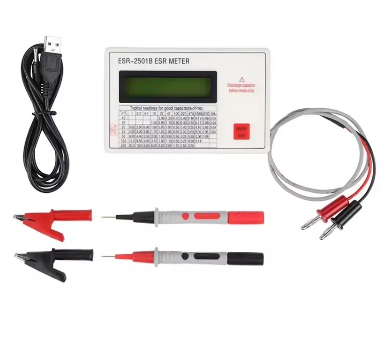 

ESR2501B тестер конденсатора ESR DCR, тестер конденсатора, измеритель емкости цепи с испытательными проводами, зажимом для батареи