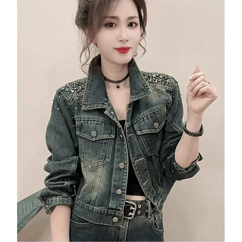 Ladies New Spring Autumn Beaded Rhinestone Denim Jacket Feels Short Stylish Loose Versatile Women's Single-Breasted Denim Jacket