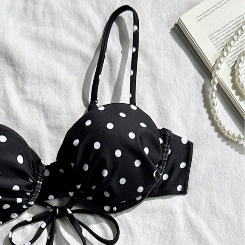 3pcs Beachwear Clothing Halter 3-Piece Swimwear Deep V Lace Up Women Swimsuit Dot Print Slim Fit Bikinis Set Pool Wear