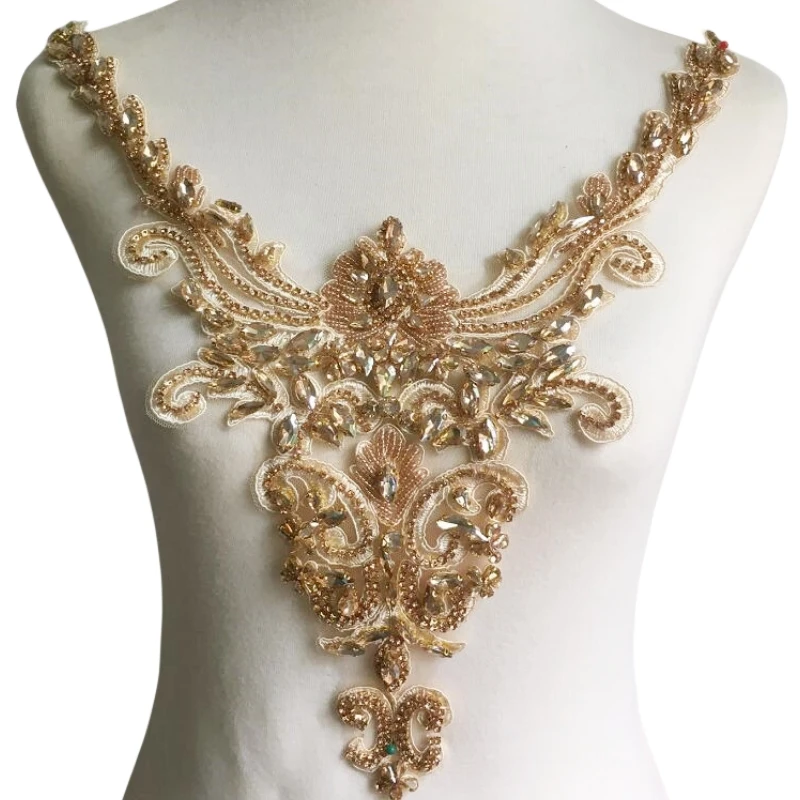 Champagnerfarbener Diamantperlenkragen mit Blumenmuster, handgefertigtes DIY-Kleid, Accessoires für Bühnenkleidung, RS4831, neu – Detail 7