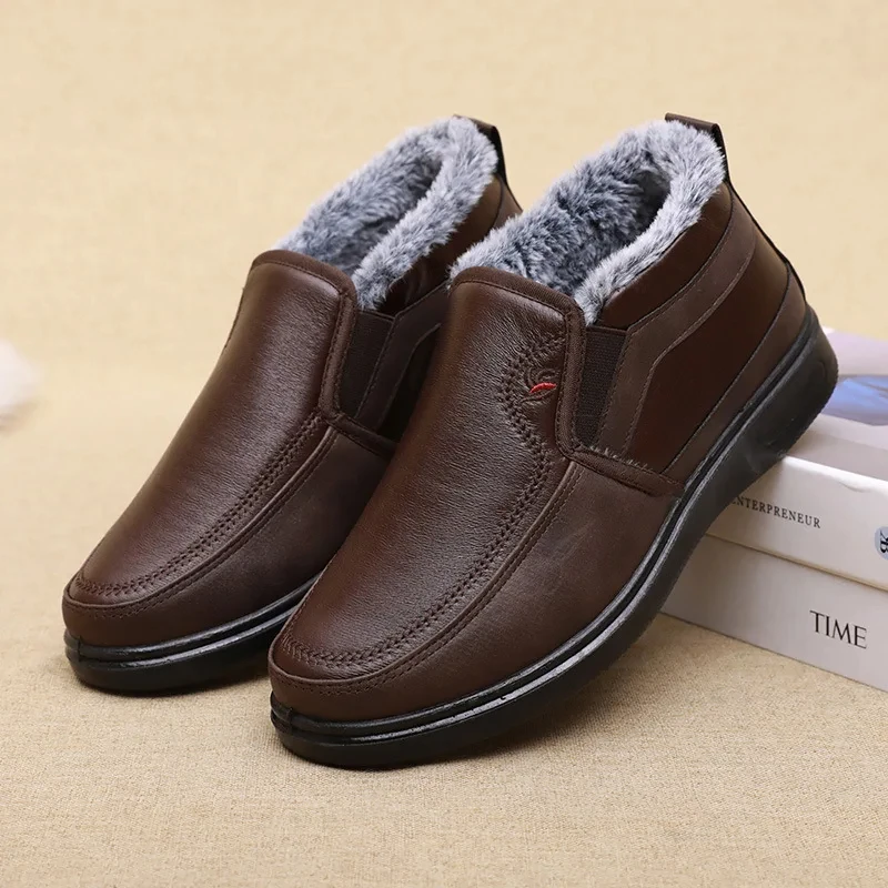 Fashion warm man shoes winter snow boots faux leather fur lined shoes elder men's flat ankle plush boots mid top waterproof shoe