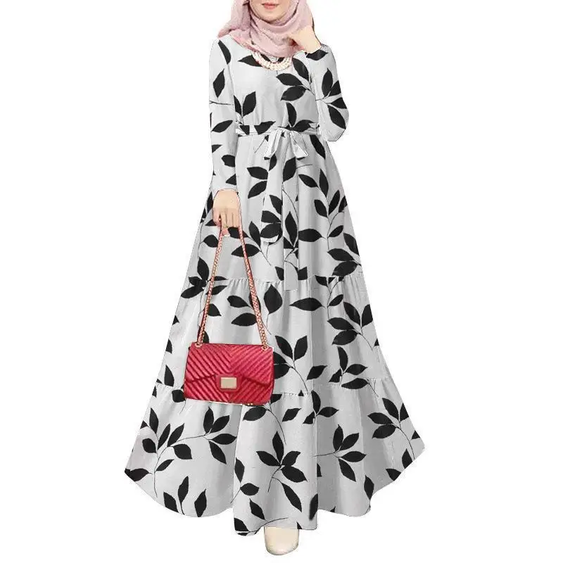 Muslim plus size women's floral elegant dress, long sleeved long sleeved swing dress