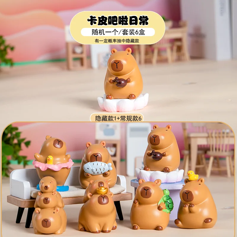 New Pink Kapibara Doll 9pcs Blind Box Figurine Cartoon Peripheral Resin Ornament Cake Decoration To Give Friends Birthday Gift