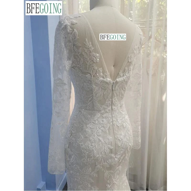 Lace Long Sleeves Mermaid/Trumpet Wedding Dresses Chapel Train Custom Made Floor-Length Appliques Bridal Gowns