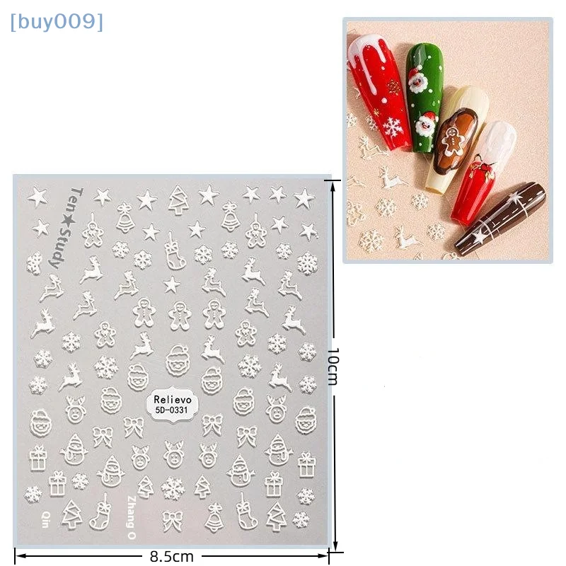 【buy009】 1 Uds. Pegatinas 5D para uñas con forma de copo de nieve y hombre de jengibre, pegatinas autoadhesivas para uñas con pastel de pino de Navidad, suministros DIY para invierno