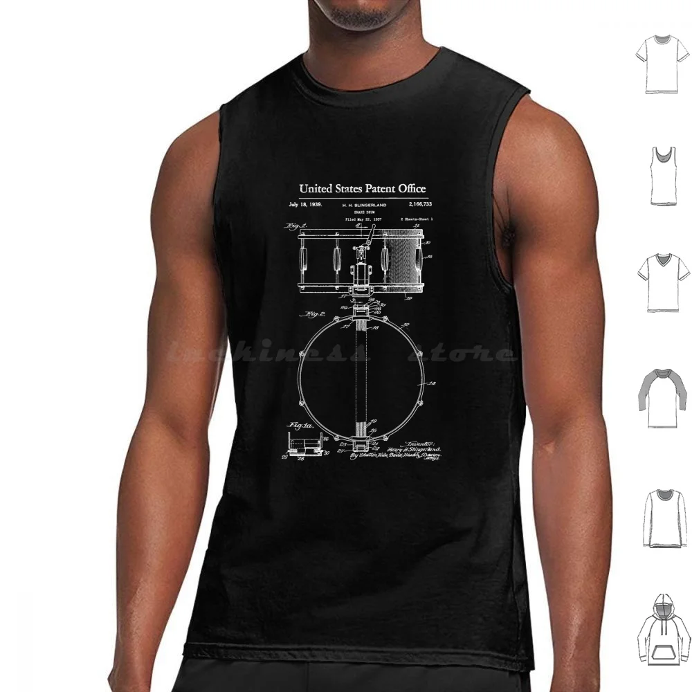 Snare Drum Patent White Tank Tops Vest Sleeveless 1939 Patent Registration Drumming Drum Percussion Snare Cymbals Drummer