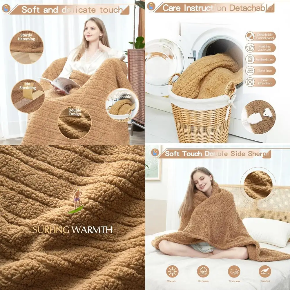 

Double-Sided Sherpa Electric Blanket with 6 Heat Levels, 10-Hour Auto-Off, 62x84 Camel