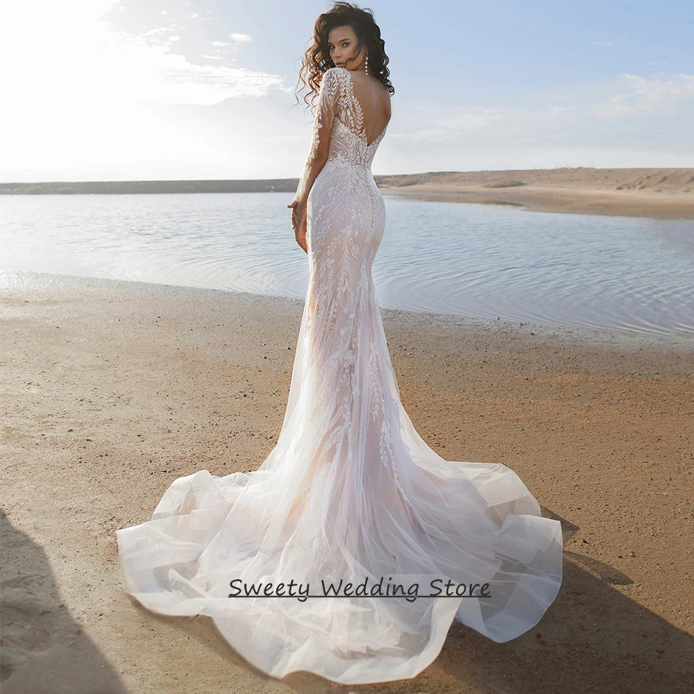 Champagne Wedding Dress Customized V Neck Long Sleeves See Through Lace Applique Bridal Gown Sweep Train  Robe Mariee
