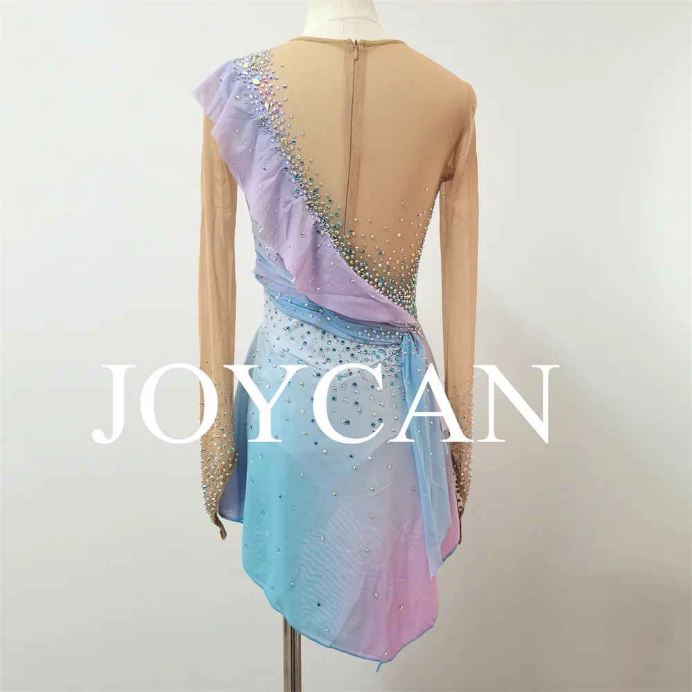 فستان JoyCan للتزلج على الجليد للفتيات باللون الأزرق الفاتح والوردي من ألياف لدنة قابلة للتمدد ملابس رقص مخصصة