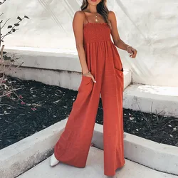 New Women's Jumpsuit Suspender Straps Pleated High Waist Wide-leg Pocket Fashion High Street One Piece Pants Set