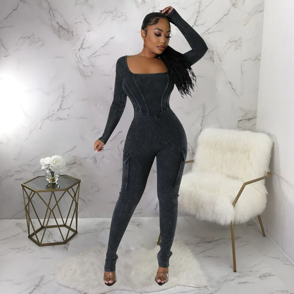 

Spring Autumn New Women Pocket Side Tunic Jumpsuit Solid Color Long Sleeve Bodysuit Long Pencil Pants Rompers Fashion Sportswear