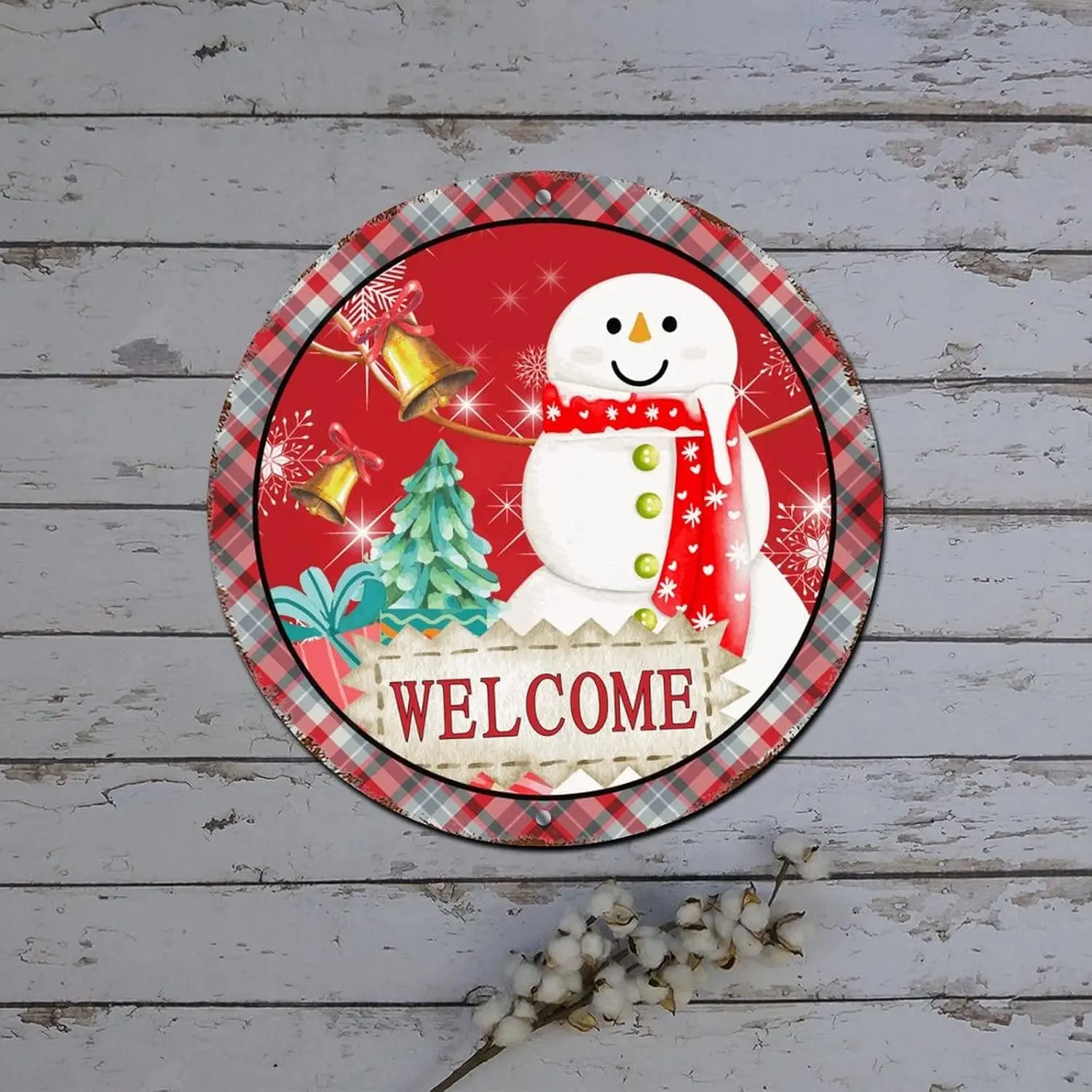 Merry Christmas Door Sign Bell Snowman Christmas Tree Tan Pattern Welcome Round Metal Tin Sign Christmas Decorations for Cabinet