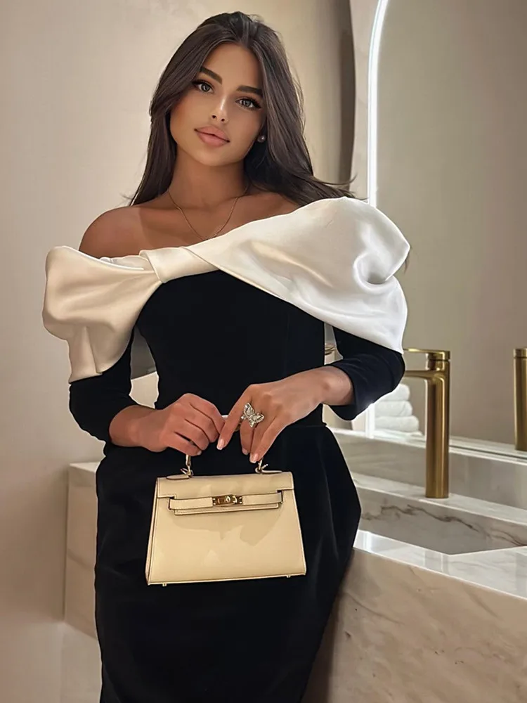 Women Celebrity Sexy Long Sleeve Off Shoulder Black White Midi Bodycon Bandage Dress 2024 Elegant Evening Club Party Dress