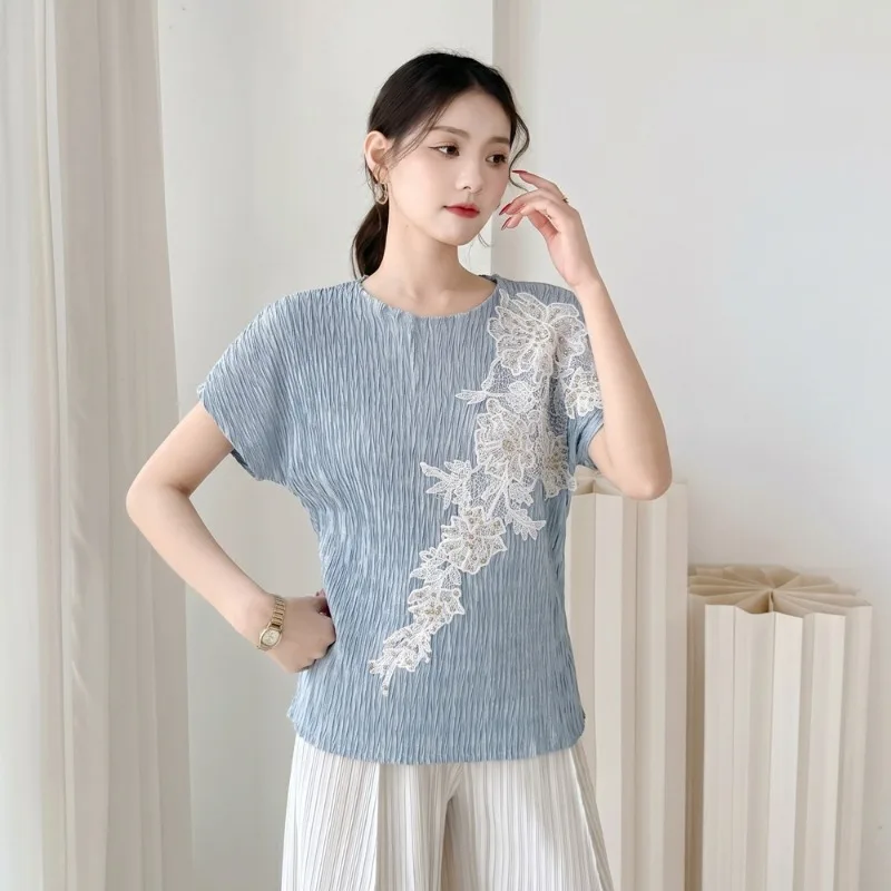 Miyake Pleated T-Shirt 2026 Summer New Simple Fashion 3D Embroidery Lace Elegant Women's No-Iron Stretch Short Sleeve Fold Top