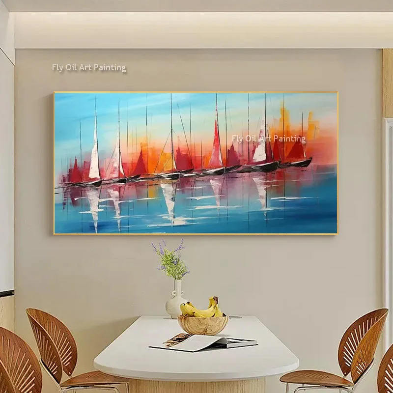 Thick Texture Handmade Coastal Sailboat Painting, Blue Orange Sunset Reflection Canvas, Restaurant Wall Decor